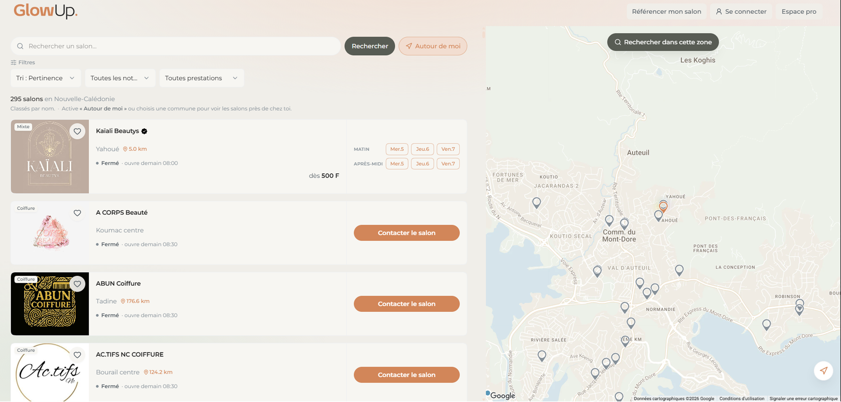 Recherche de salons sur Glow up avec la carte de Nouvelle-Calédonie